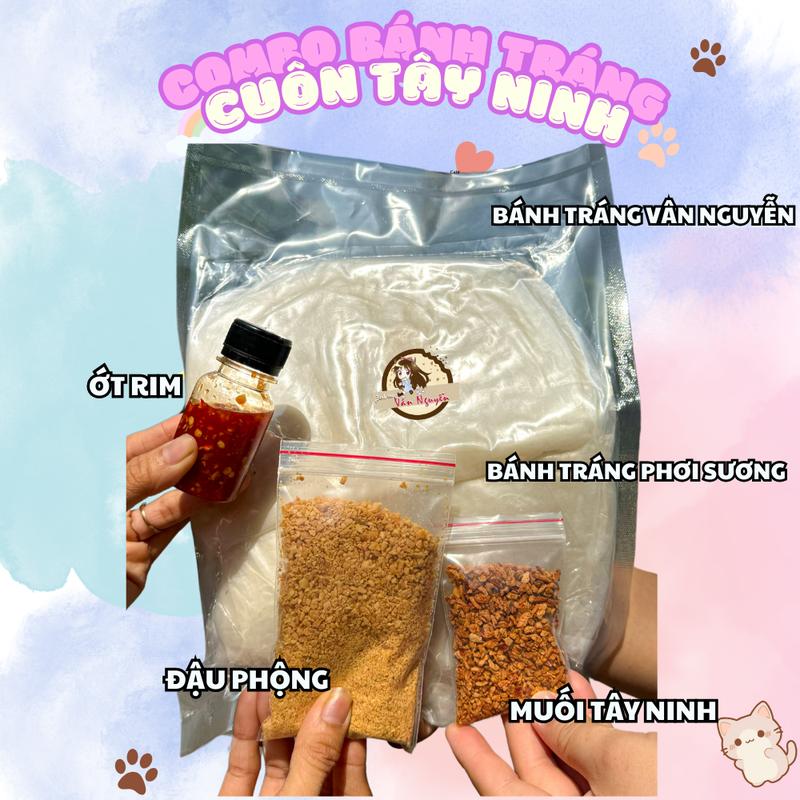 COMBO BÁNH TRÁNG TÂY NINH TỰ CUỐN BÁNH TRÁNG VÂN NGUYỄN. Bánh tráng phơi sương, muối tây ninh, đậu phộng, ớt rim. Đồ ăn vặt, snack, sốt