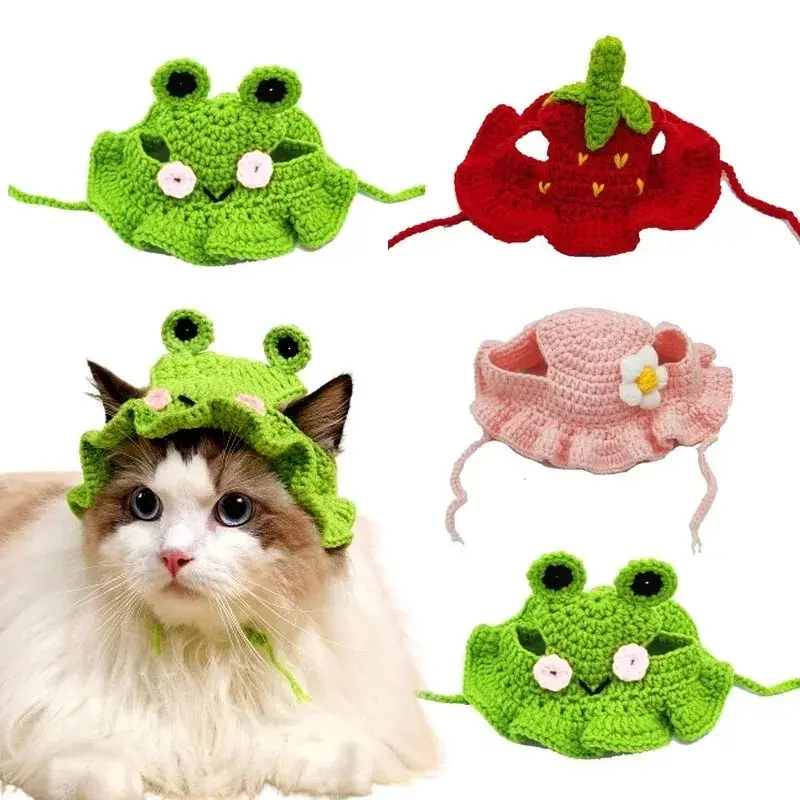 High Elasticity Cute Pet Knitted Hat with Delicate Hemming Pendant Decor and Adjustable Strap for Party Dog Headwear
