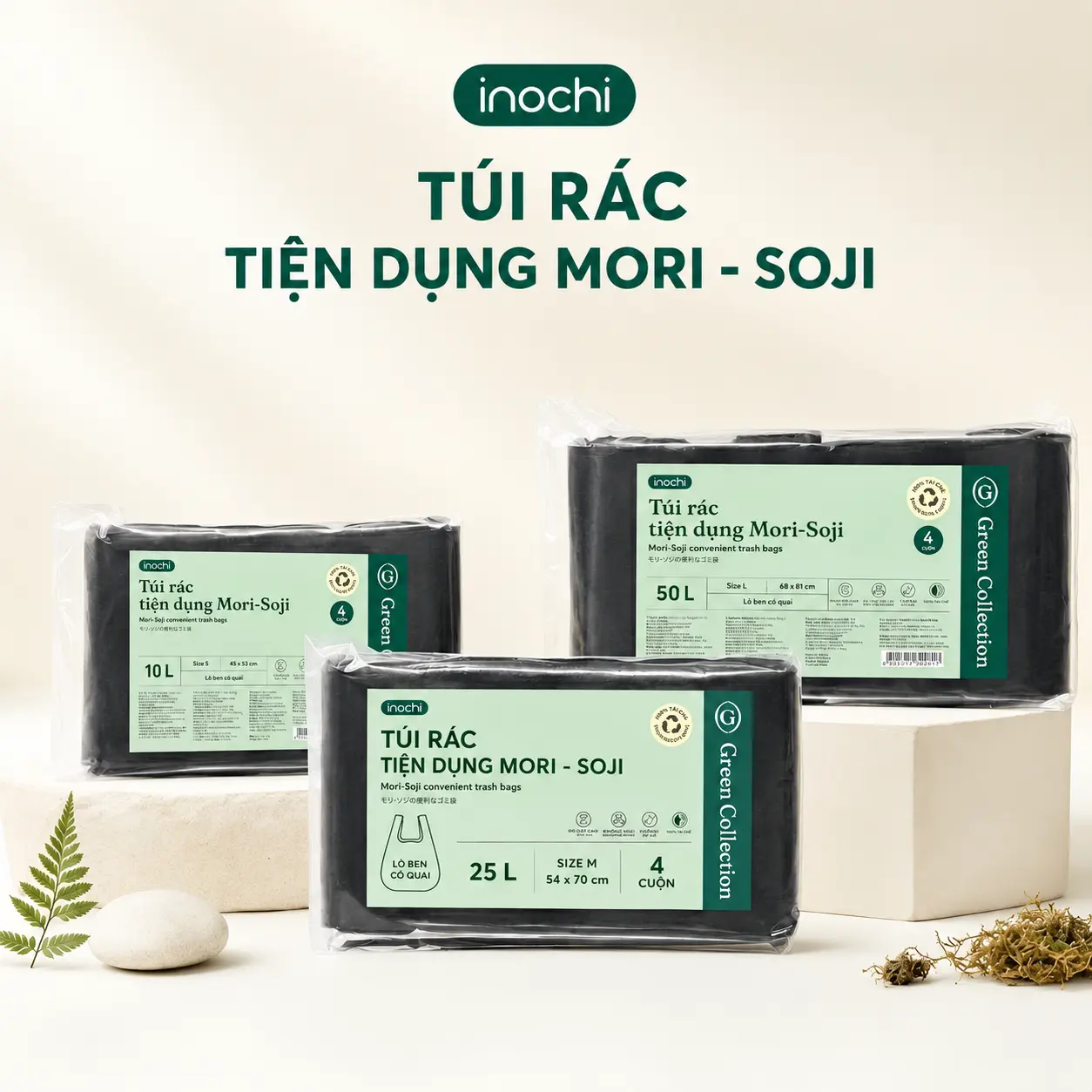 Túi Rác , Túi Đựng rác Tự Huỷ -sinh học Inochi Có Quai Tiện Dụng Dạng Cuộn Màu Đen Dài Hơn 20% Có thể phân hủy Kitchen