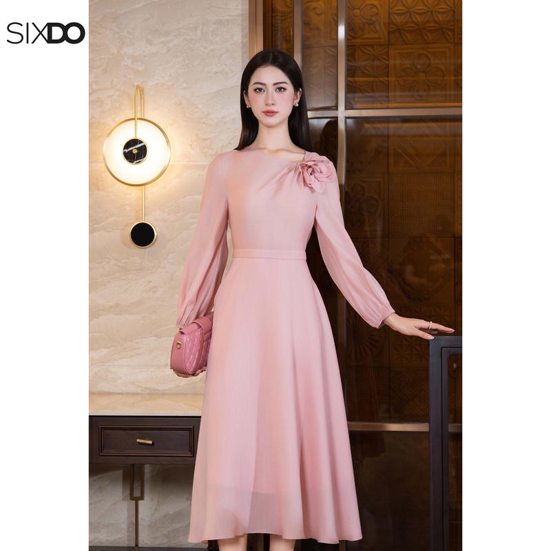 Đầm hồng voan tơ dài tay SIXDO (Pink 3D Flower Organza Flared Dress)