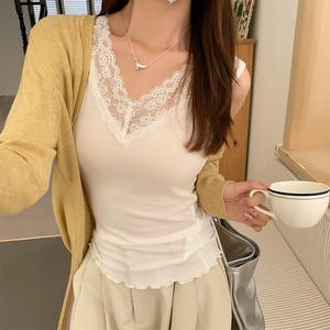 Pure Lace V-Neck Halter Vest Top for Women, Fall Layered Wear, Waist Cinching, Slim Fit Innerwear, Casual Bottoming Shirt 0878 Lingerie Womenswear Basic Minimalist Skinny Vneck