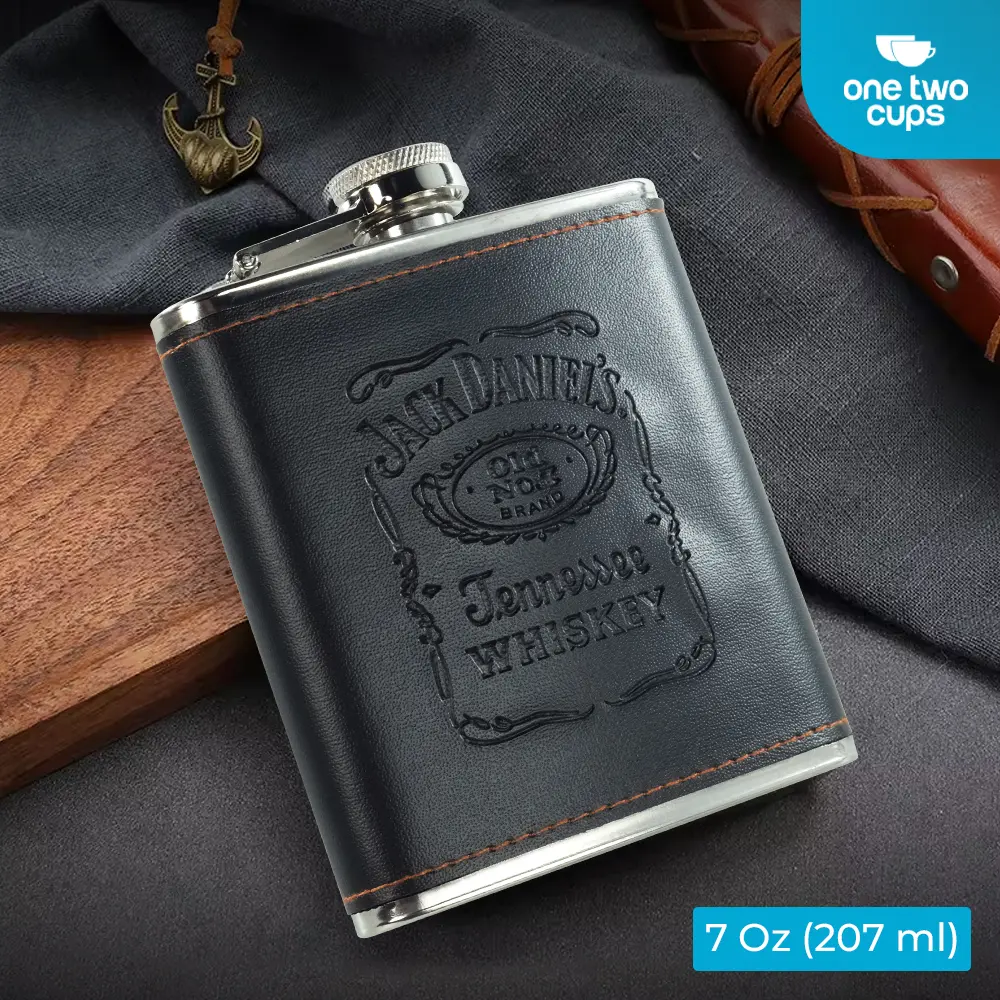 Paket Botol Minuman Beer Whiskey Hip Flask Stainless Steel Leather dengan Shot Glass 207ml