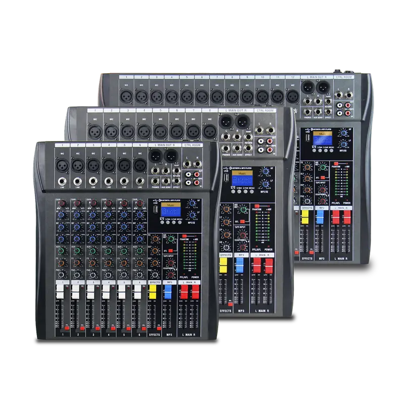 Mixer Saluran MOREFAND CT-6/8/12 channel , Equalizer 3-Band, dilengkapi dengan Efek Reverb dengan Pengulangan dan Penundaan, mendukung koneksi Bluetooth, USB, PC, Pemutar MP3, Output XLR, Pemantauan Rekaman - Amplifier Subwoofer, Audio Mixer 0