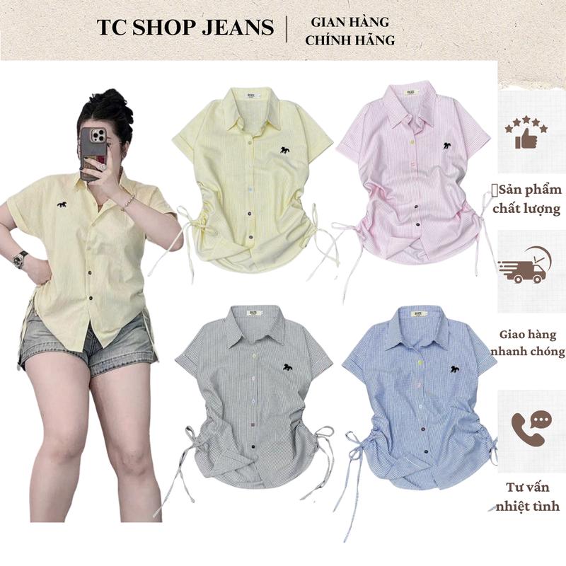 TCSHOPJEANS ÁO SƠ MI SỌC BIGSIZE CÁNH DƠI RÚT EO THÊU NGỰA AT 9021