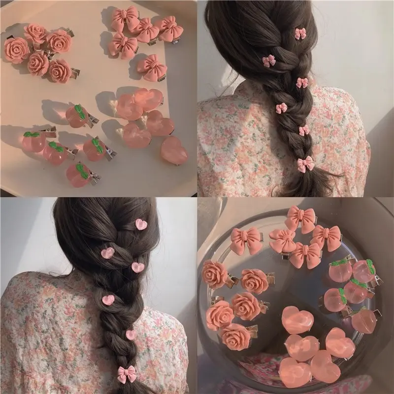 Pink bow heart shaped hairpin for girl sweet camellia side clip headpiece