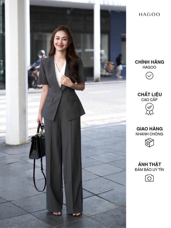 Set ký giả nữ HAGOO cổ V cộc tay 1 khuy cài 2 nắp túi kèm áo sơ mi trắng phối rời bên trong [S623]