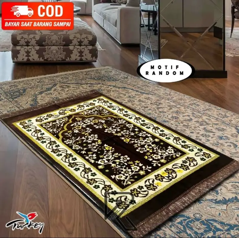 Sajadah Eklusif Motif Turki Premium Ukuran Besar 110x70cm Bahan Bulu Beludru Lembut Muslim Spigel Semi Karpet Anti Slip 6