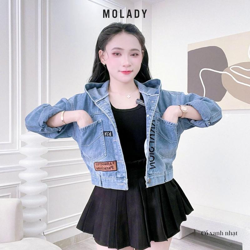  MOLADY - Áo Khoác Jeans Nữ Thêu Phối Da Có 2 Phiên Bản Nón Và Không Nón Vải Jeans Cotton Cao Cấp K55 