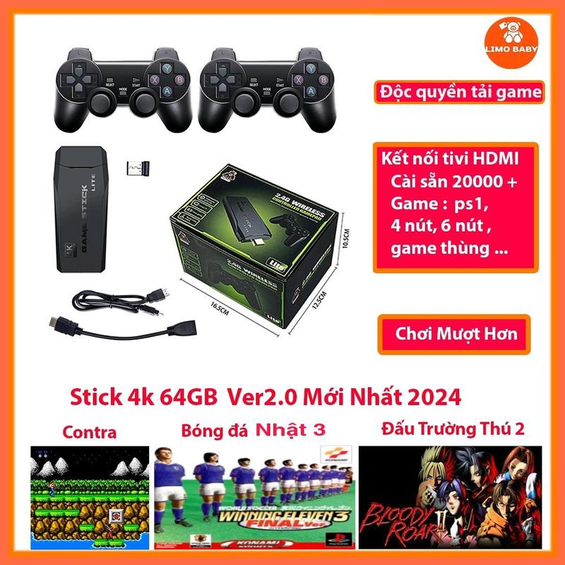 Game Stick 4k 64GB HDMI Cài sẵn 20000 game kết nối Tivi  kèm 2 tay cầm không dây Máy Chơi Game Chơi Điện Tử Chip xịn