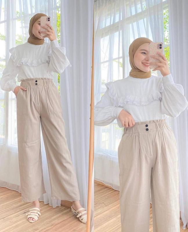 Celana Kulot Wanita Kancing Linen Crinkle Kekinian // Celana Highwaist Loose Pants Trousers - Celana Kerja Wanita Kantor - Celana Kulot Wanita 4