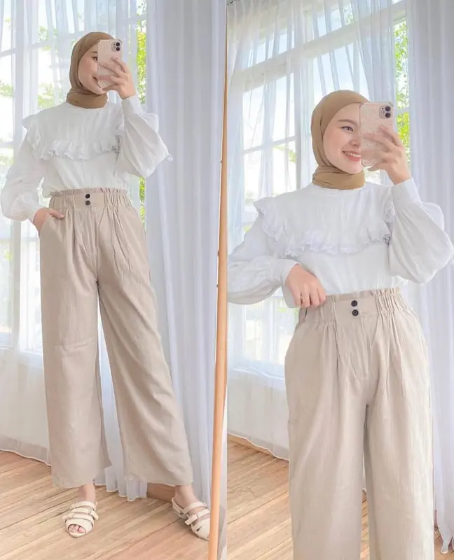 Celana Kulot Wanita Kancing Linen Crinkle Kekinian // Celana Highwaist Loose Pants Trousers - Celana Kerja Wanita Kantor - Celana Kulot Wanita 4