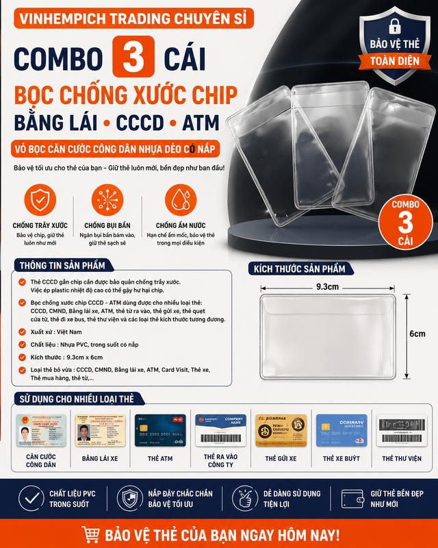 combo 3 cái Bọc chống xước chip Bằng lái CCCD - ATM, Vỏ bọc căn cước công dân nhựa dẻo có nắp
