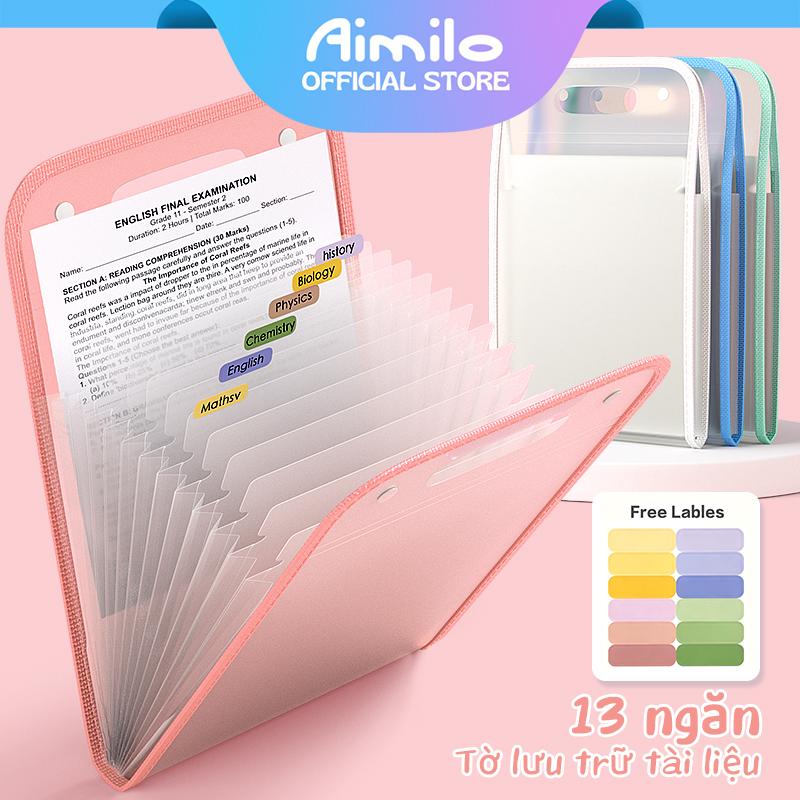 Túi Đựng Tài Liệu A4 13 Ngăn Aimilo - Bìa Hồ Sơ Dạng Cúc Bấm, Có Nhãn Phân Loại, Chống Nước, 4 Màu