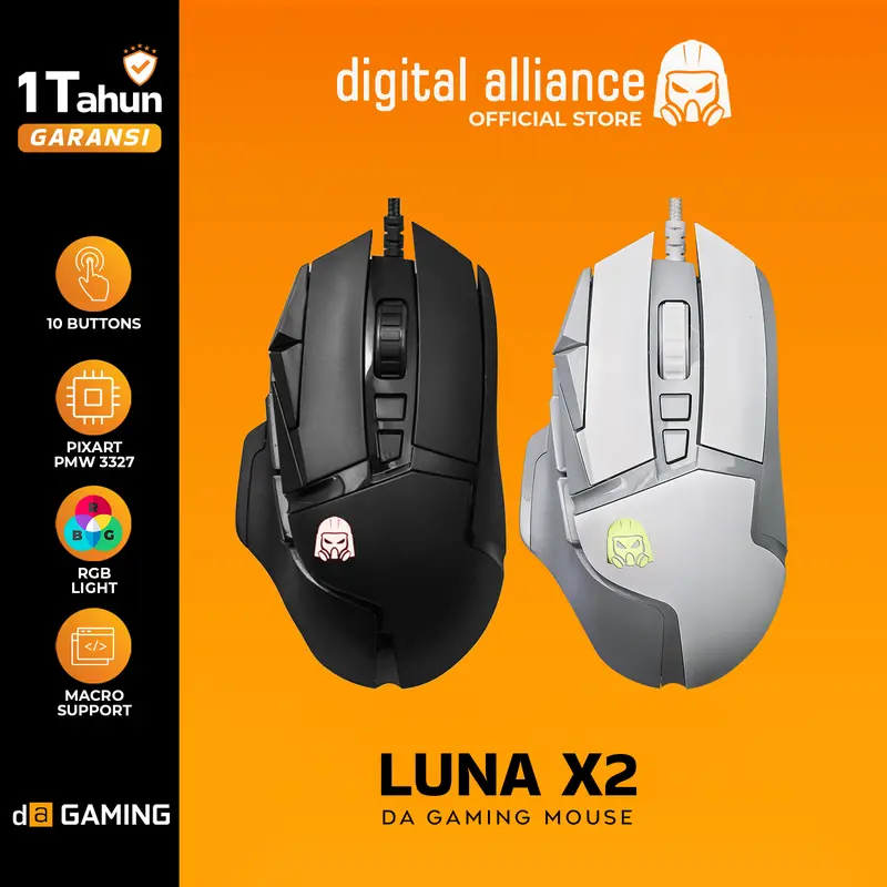 Mouse Gaming Digital Alliance Wired Ergonomic RGB Macro 10 Buttons Huano Switch Luna X2 0