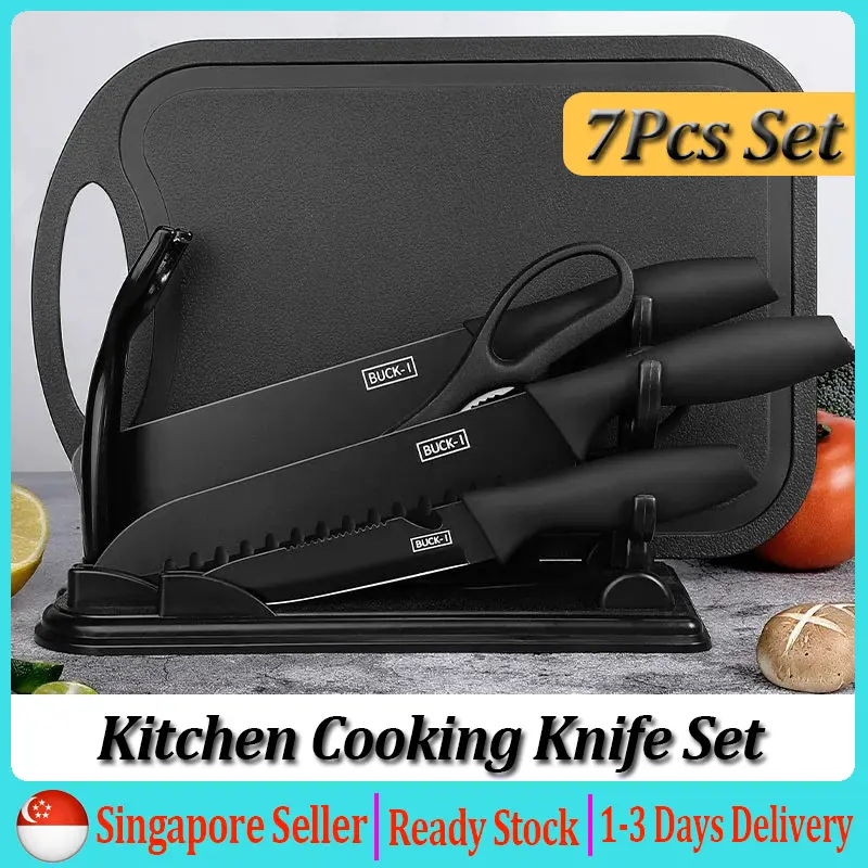 【SG Ready Stock】Kitchen Knife 7Pcs Set Black Steel Stainless Steel Kitchen Cooking Knives Non Stick Knife Non Rust Wear Resistance Oxidation Resistance Kitchen Cooking Knives CNY Gift Present