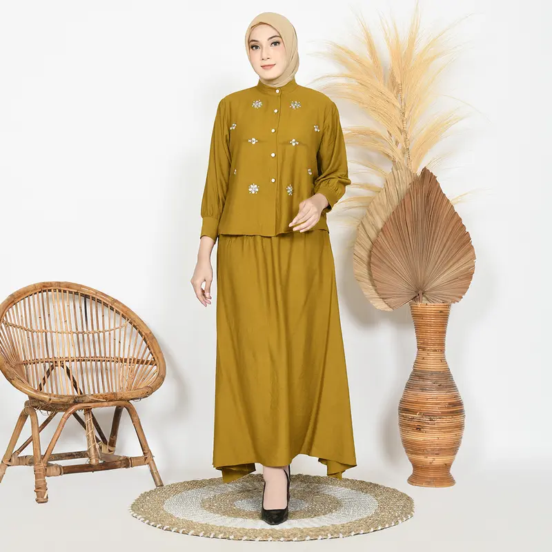 CLARA One Set Wanita Payet Mewah Linen Setelan Atasan Rok Kekinian 3