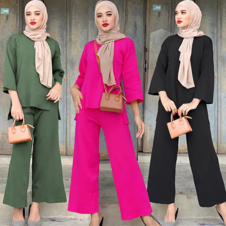 New Spring and autumn casual round neck knitted set women's long-sleeved top +loose high-waisted wide-leg pants two-piece