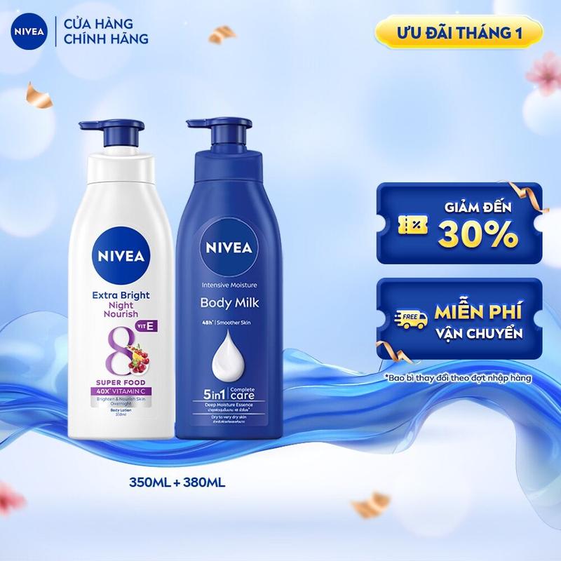 Bộ 2 Sữa Dưỡng Thể NIVEA Dưỡng Sáng Da Ban Đêm 350 ml + Sữa Dưỡng Thể NIVEA Dưỡng Ẩm Chuyên Sâu 380 ml - 98412+98940