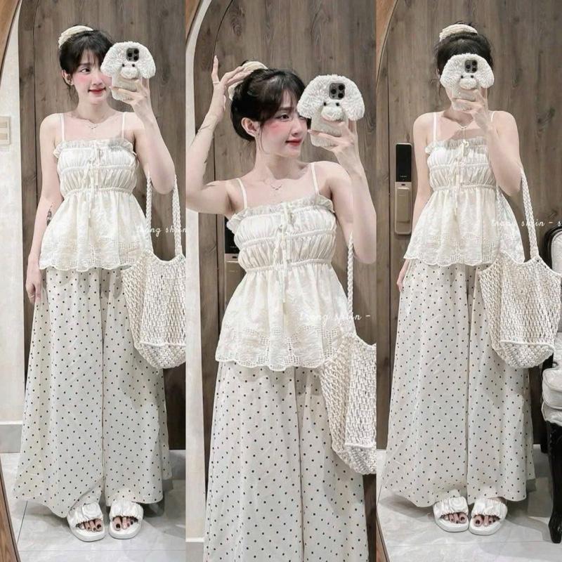  Set áo dây vải xô thêu MÀU KEM. Quần đũi chấm bi màu kem dài 94cm lưng chun 