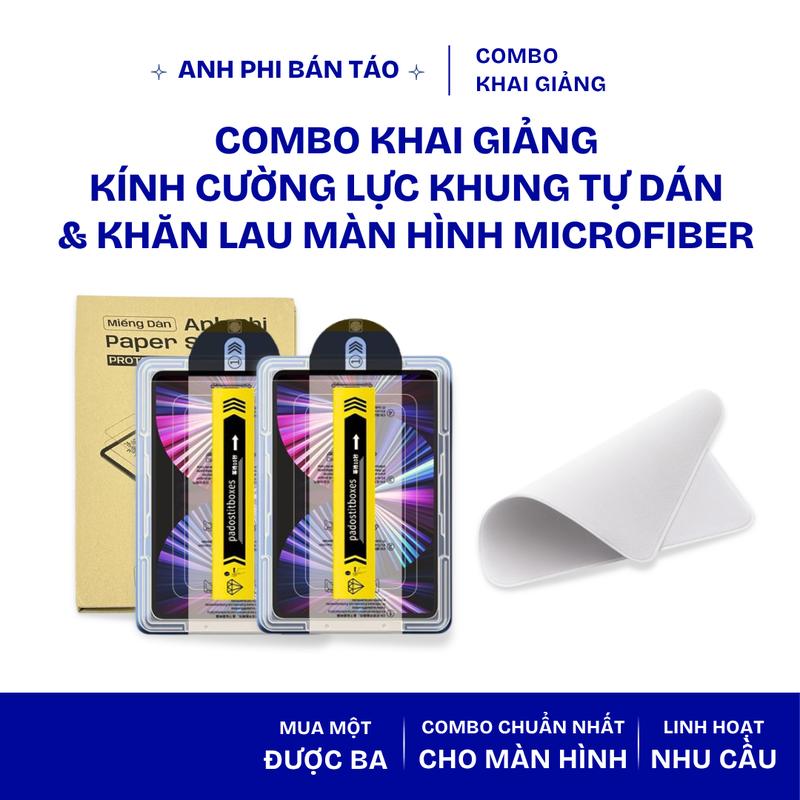 Combo Khai Giảng Anh Phi | 2 Kính Cường Lực iPad Khung Tự Dán + Khăn Lau Màn Hình Microfiber