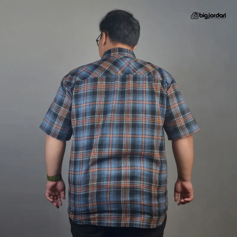 Bigjordan Id. Moreno kemeja flannel lengan pendek biru size jumbo big size 3XL 4XL 5XL 6XL 7XL 8XL pria oversize 3