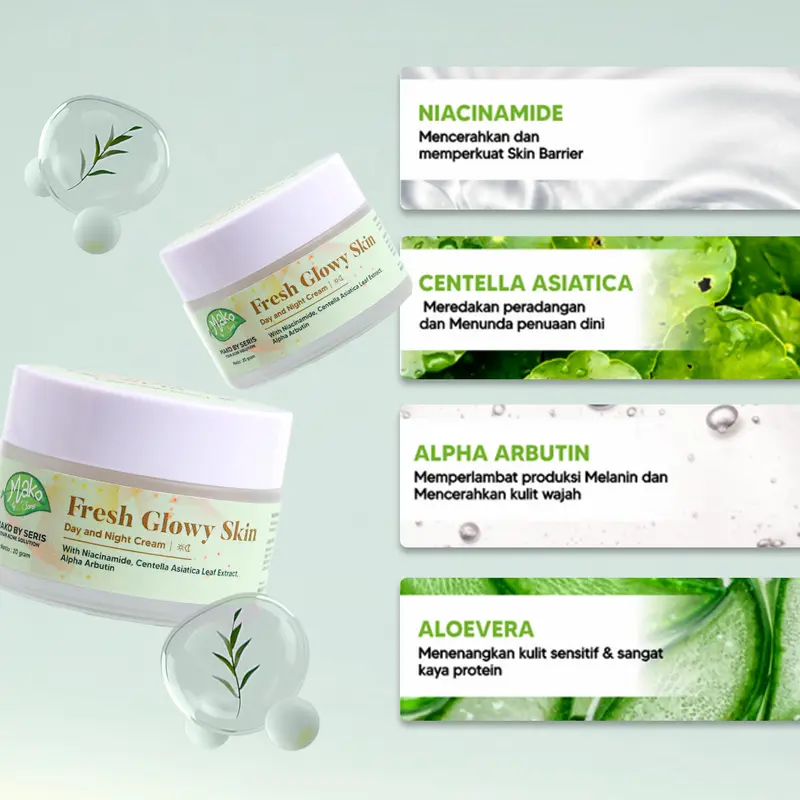 Mako by Seris - Combo 2 Produk Moisturizer Fresh Glowy Day Night Cream Glow Up Booster Acid Facial Pelembab Perawatan Pencerah Kulit Mencerahkan Jerawat Flek Hitam Muka Wanita 4
