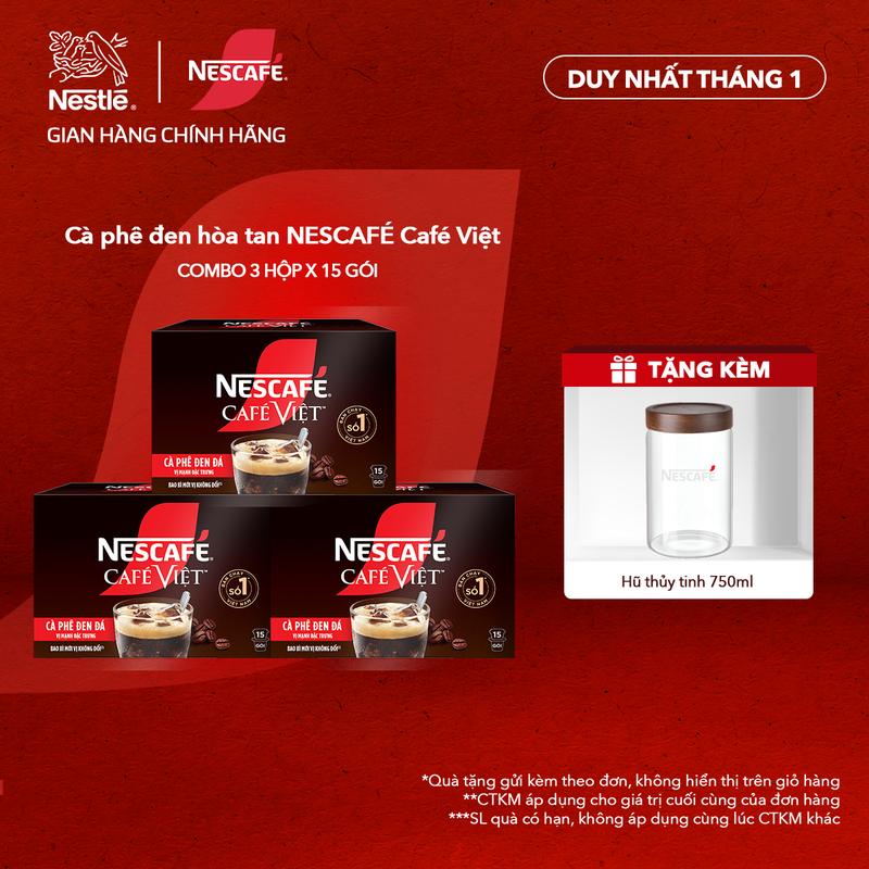  Nestlé VN Combo 3 Hộp Cà phê đen hòa tan NESCAFÉ CAFÉ VIỆT  Hộp 15 gói x 16g -ST 