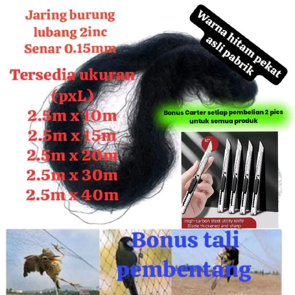 Jaring Burung Lubang 2inc Senar 0.15mm Warna Hitam Pekat Asli Pabrik Gratis Carter untuk Pembelian 2pics Alat Bantu Petani Mengusir Hama Burung