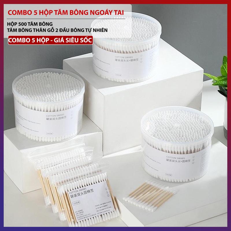 Combo 5 Hộp Tăm Bông Ngoáy Tai Thân Gỗ Hộp 500 Tăm Bông Thân Gỗ 2 Đầu Chất Liệu Bông Tự Nhiên An Toàn Lành Tính Tiện Lợi
