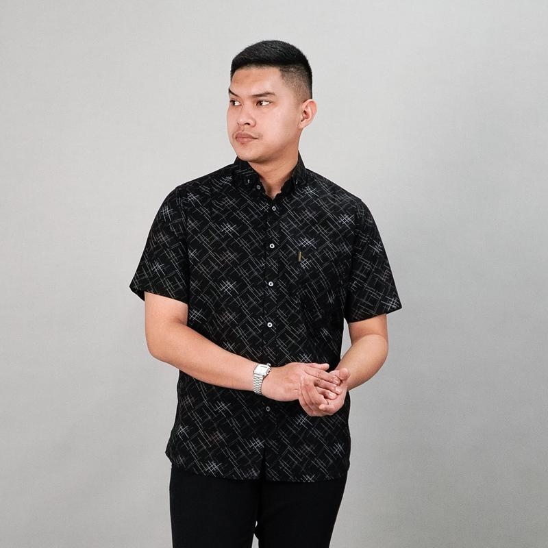 PF - Kemeja Motif Pria Verdant Full Printing Lengan Pendek Casual M-XL Baju Atasan Cowok Slimfit Bahan Katun Hem Formal Dewasa Distro Kerja Hitam 7