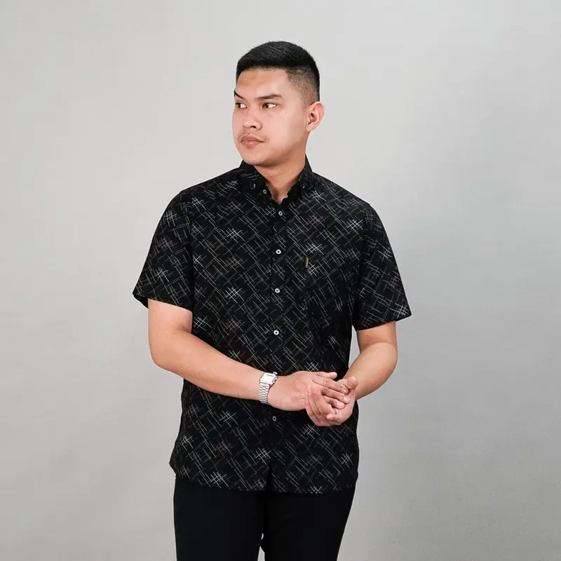 PF - Kemeja Motif Pria Verdant Full Printing Lengan Pendek Casual M-XL Baju Atasan Cowok Slimfit Bahan Katun Hem Formal Dewasa Distro Kerja Hitam 6