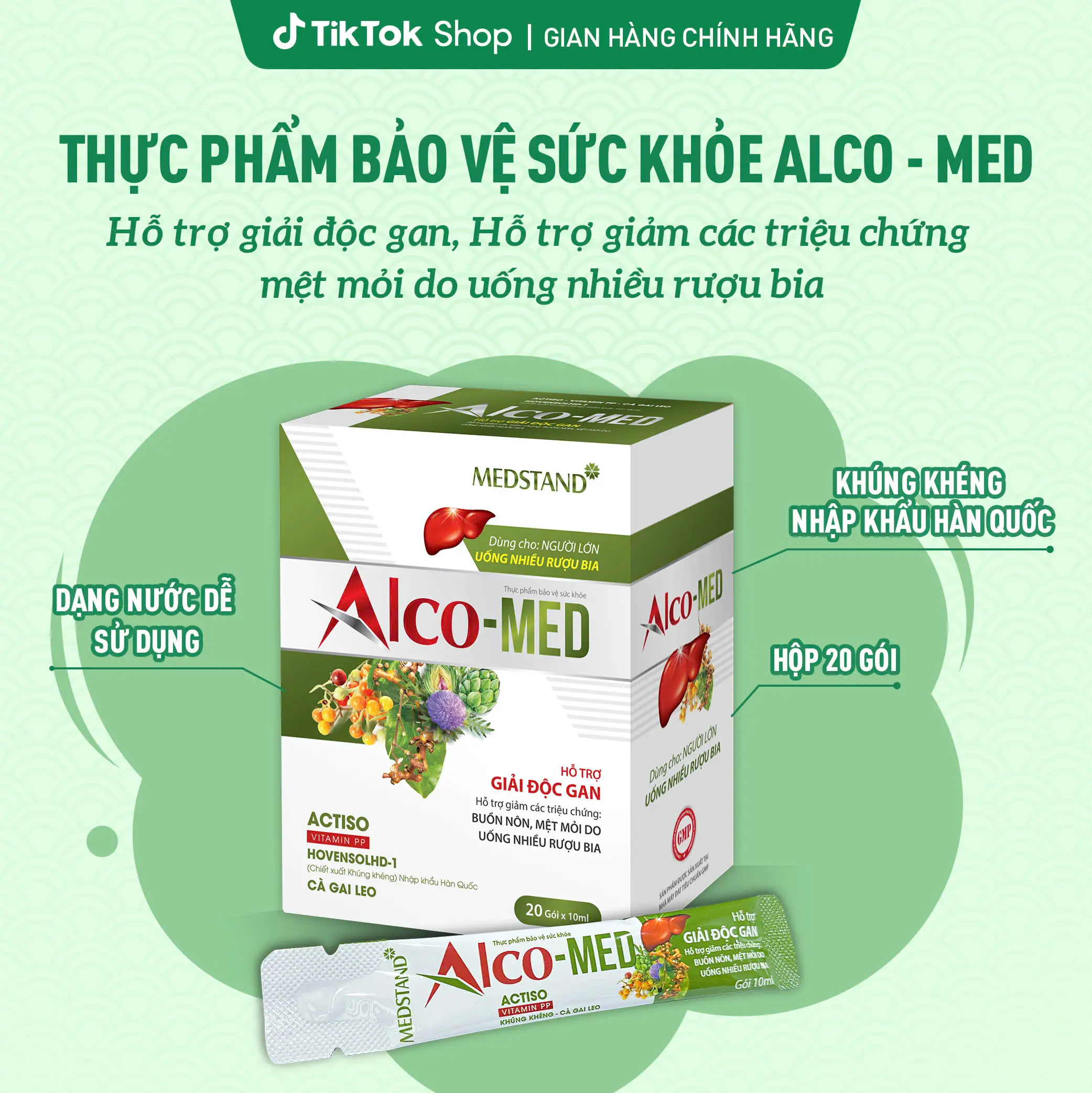 [Bán chạy] Hộp 20 Gói uống Alco-MED - Hỗ trợ giải độc gan, hỗ trợ giảm các triệu chứng buồn nôn, mệt mỏi do dùng bia rượu (hộp 20 gói x 10ml)
