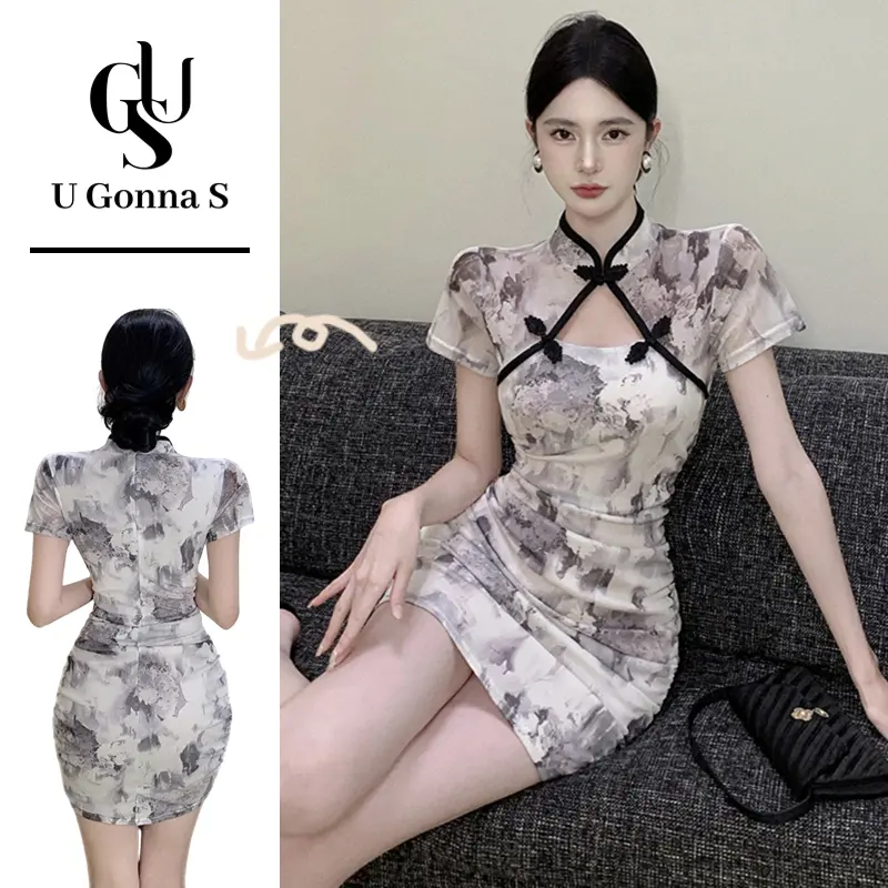Ăn Mặc sườn xám cách tân Phụ Nữ Phụ Nữ tay ngắn Trên Đầu Gối cổ áo Trung Quốc eo cao Thời Trang Thanh Lịch Bodycon Hoa Ngọt Ngào 2024 tiệc tối Buổi Tối váy dầm cỡ lớn Plus Size