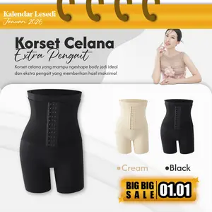 LESEDI Panjang  Korset Legging Celana Wanita Motif Polos High Waist Bahan Seamless KT039 Warna Hitam/Cream Tebal Lembut