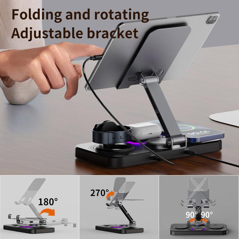 6 in 1 Multifunctional Wireless Charger Mobile Phone Fast Charging Station With Clock,Tablet Holder For iPad, iPhone, Apple Watch, Airpods Pro 2