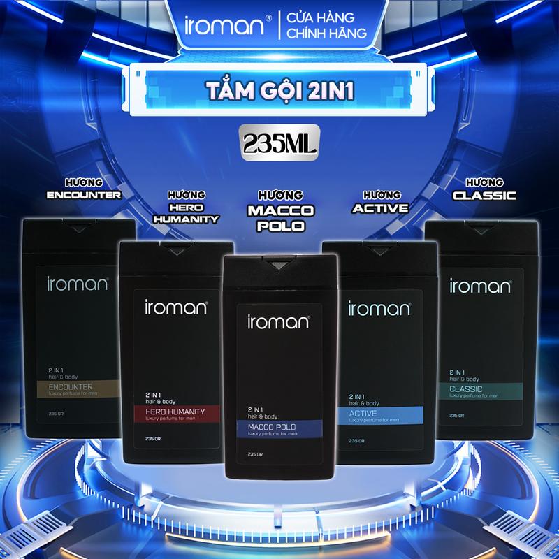 [MUA 3 GIÁ 109K] Tắm Gội 2in1 IROMAN 235G Hương Nước Hoa Pháp Cao Cấp Ngăn Ngừa Gàu Kiểm Soát Dầu Nhờn Sạch Sâu Da Đầu Dành Cho Nam Giới