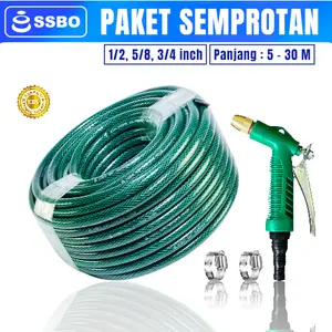 SSBO Selang Air hijau serat benang 1/2,5/8,3/4 inch ( 5- 30 Meter )  + Semprotan Air dan 2 klem – KUAT ANTI LUMUT untuk CUCI MOTOR&MOBIL, TANAMAN, PERKEBUNAN