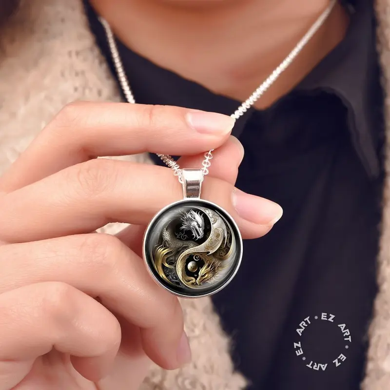 Kalung Liontin Yin Yang Art Kaca Cembung Tali Kulit Rantai Stainless Steel 4