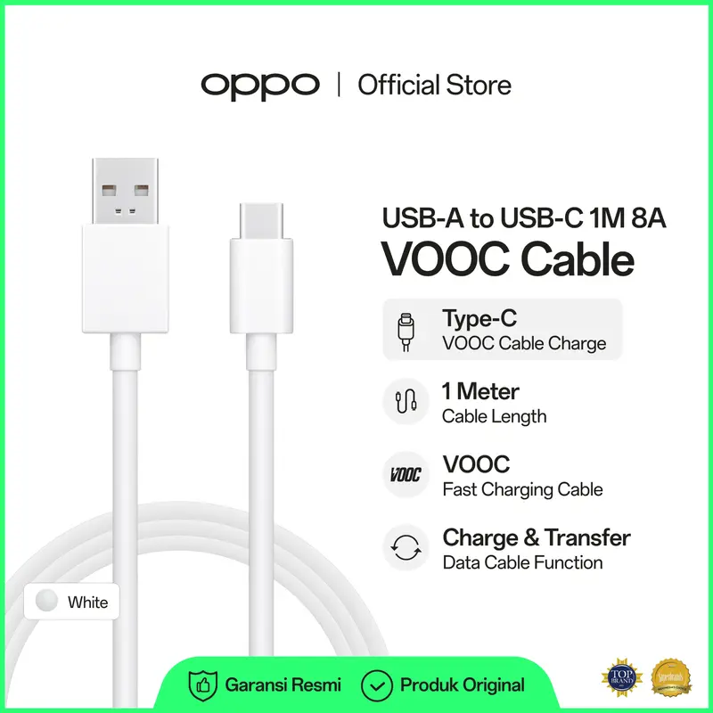 OPPO Cable USB A to USB C 1M [VOOC Fast-Charging Cable, Type-C] Kabel White