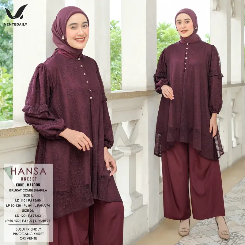 Vente Daily Hansa One Set / Muslim One Set Wanita Kekinian Ootd Outfit Kondangan Lace Combi Shakila Oversize Bumil Busui Hansa One Set 4