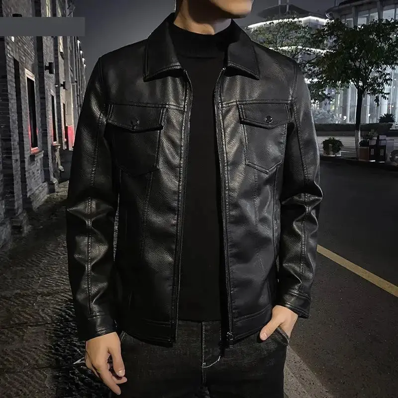 QnX - Jaket Kulit Pria Casual Autumn And Winter Men's Jacket Casual Leather Jacket Black Motorcycle 0