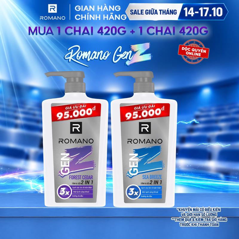 [ĐỘC QUYỀN ONLINE] Tắm gội Romano GenZ hương Forest Cedar/ Sea Breeze 420G