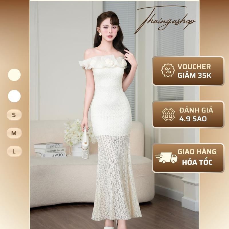  Đầm Dự Tiệc Trễ Vai Đính Hoa Nổi 3D Dáng Dài Đuôi Cá Màu Be Cao Cấp D1547 