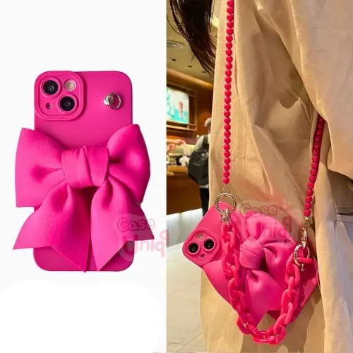 CASEUNIQQ Case Lanyard Set 2 Tali Fuschia Pink Ribbon Casing HP Softcase Compatible with iPhone ada series 16 PRO PROMAX PLUS 4