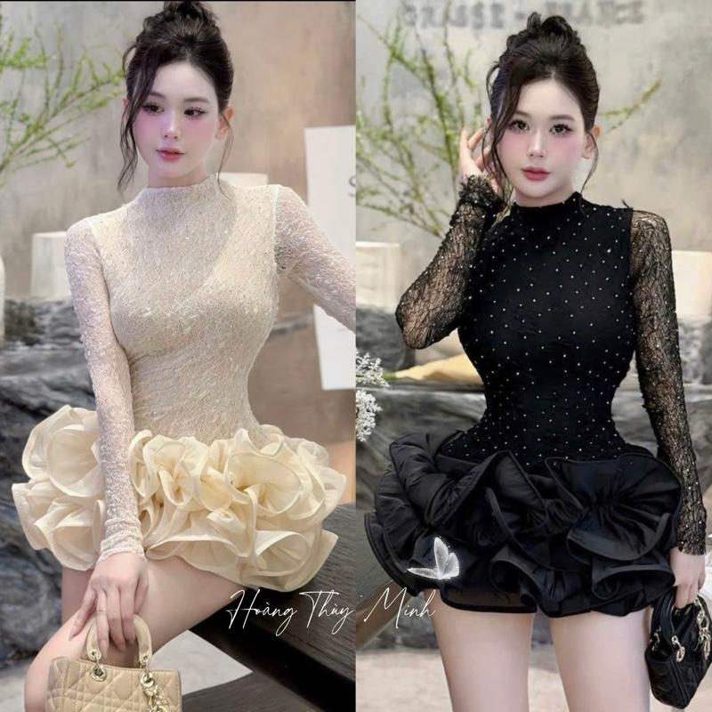  H6- Kèm Quần  Váy Ren Tay Dài Đính Đá Bling Chân Váy Bồng Bềnh Cuốn Gợn Sóng-HoangThuyMinh97 