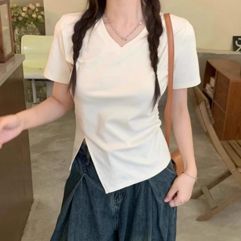 MA11 áo thun nữ vạt chéo V cổ tim Tay ngắn thun tăm siêu co giãn size dưới 53kg