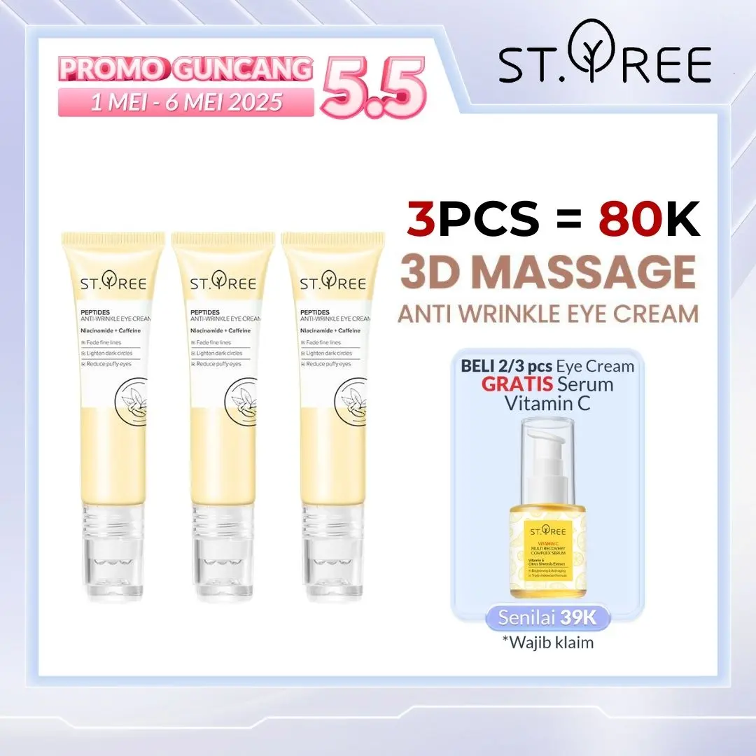 [COD] ST.TREE [3 PCS] Multi Peptides Anti-Wrinkle Eye Cream 15 gr | Triple Pack Serum Perawatan Mata dengan 3D Roller Massager - Krim dengan Niacinamide dan Caffeine untuk Mencerahkan, Mengurangi Kantung Mata Panda, Kerutan, Garis Halus, Mengencangkan