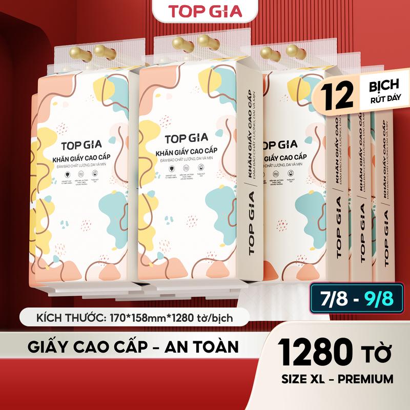 (SIZE TO BẢN CAO CẤP) COMBO 12 bịch khăn giấy CỠ ĐẠI ăn cao cấp treo tường TopGia 4 lớp không bụi mịn 1280 tờ rút tiện lợi Giấy Vệ Sinh (tặng 4 móc treo), giấy rút đa năng treo tường ĐẠT QUY CHUẨN CỦA BỘ CÔNG THƯƠNG (SIZE XL - PREMIUM) (DS)