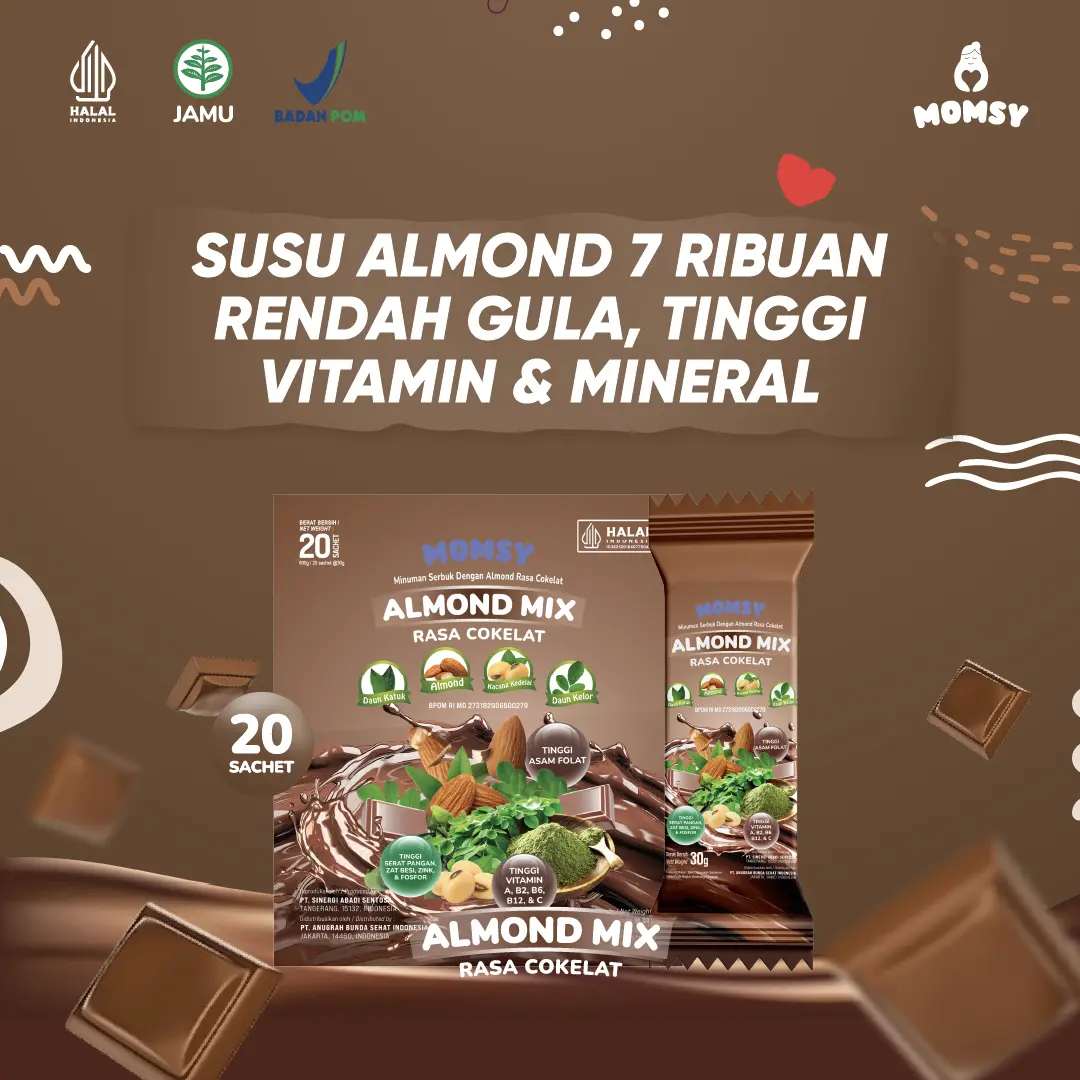 MOMSY ALMOND MIX [FREE ONGKIR], Minuman Almond Rasa Cokelat 20 sachet BPOM & HALAL