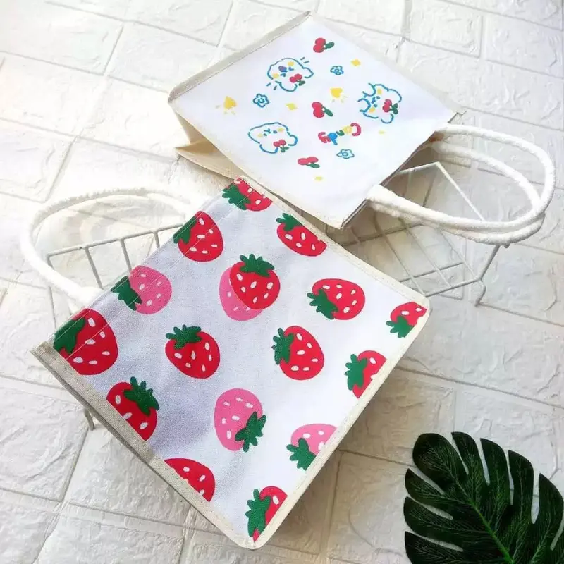 Tote Bag Mini Tali Sumbu Putih Wanita Tas Mini Motif Sablon Totebag Serut Karakter 0
